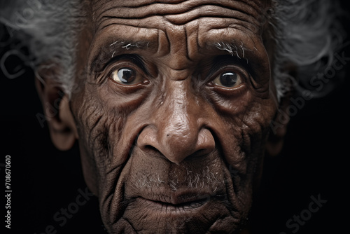 Portrait of an Elderly Black Person with Eyes Revealing Generations of Strength and Wrinkled Wisdom - A Tribute to Black History Month Reflecting Strength