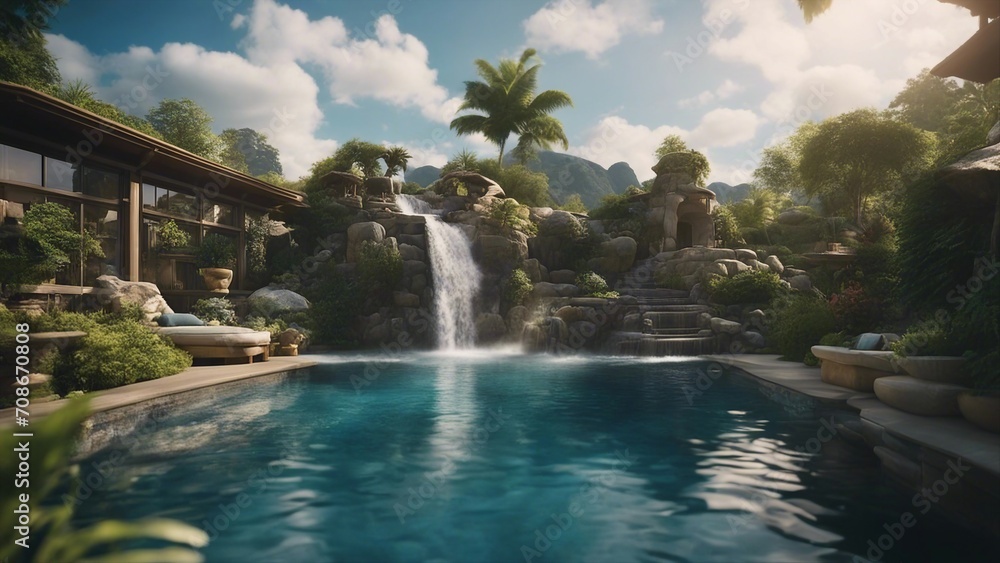 pool in the resort Fantasy swimming pool with a waterfall of dreams, with a landscape of floating islands and clouds  