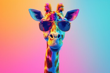 A giraffe wearing sunglasses stands out on a vibrant and colorful background. Perfect for adding a fun and quirky touch to any project