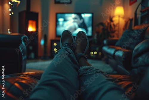 A person is sitting on a couch in front of a TV. This image can be used to depict relaxation and leisure time at home