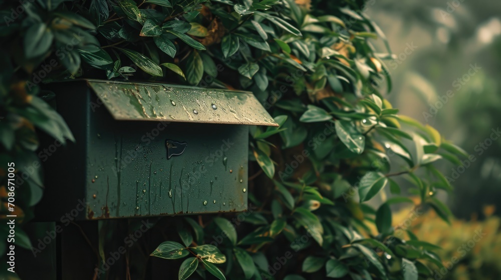 A green birdhouse perched on top of a vibrant green tree. This image can be used to depict nature, home decor, or backyard birdwatching A green birdhouse perched on top of a vibrant green tree. This image can be used to depict nature, home decor, or backyard birdwatching