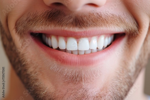 Closeup of mans smile with white teeth. Dental care, teeth whitening procedure at dentist
