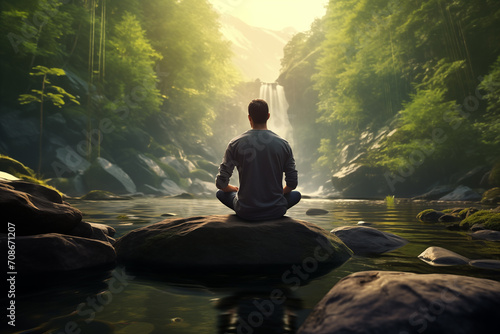 Realistic Image of a Man Practicing Mindfulness and Meditation in a Tranquil Natural Environment - Captured with Sony A7s for Exceptional Detail and High-Design Realism Serenity in Ultra HD