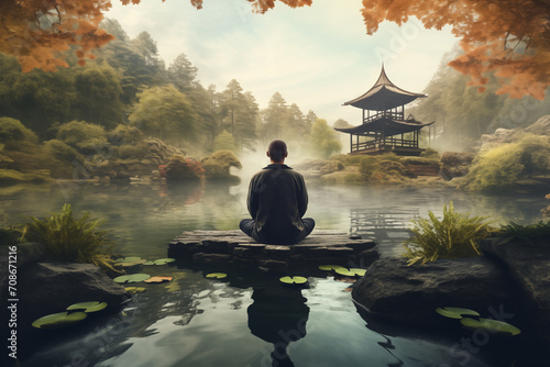 Realistic Image of a Man Practicing Mindfulness and Meditation in a Tranquil Natural Environment - Captured with Sony A7s for Exceptional Detail and High-Design Realism Serenity in Ultra HD © Asiri