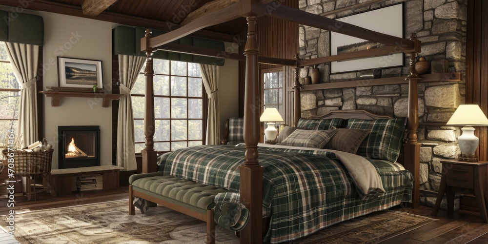 A cozy bedroom with a four poster bed and a fireplace. Perfect for creating a warm and inviting atmosphere. Ideal for interior design projects or showcasing home decor ideas