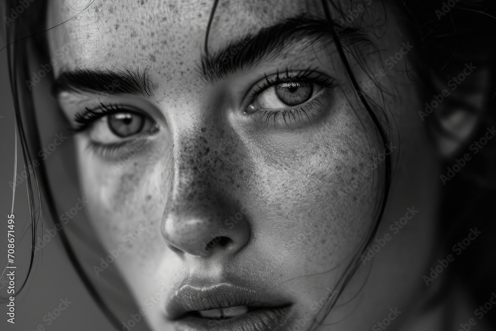 A close up of a woman with freckles on her face. This image can be used to promote natural beauty or skincare products A close up of a woman with freckles on her face. This image can be used to promote natural beauty or skincare products