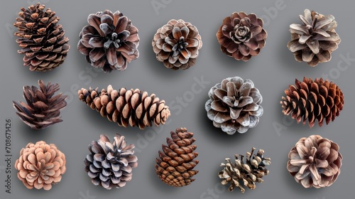 A collection of pine cones arranged on a gray surface. Perfect for nature-themed designs and decorations