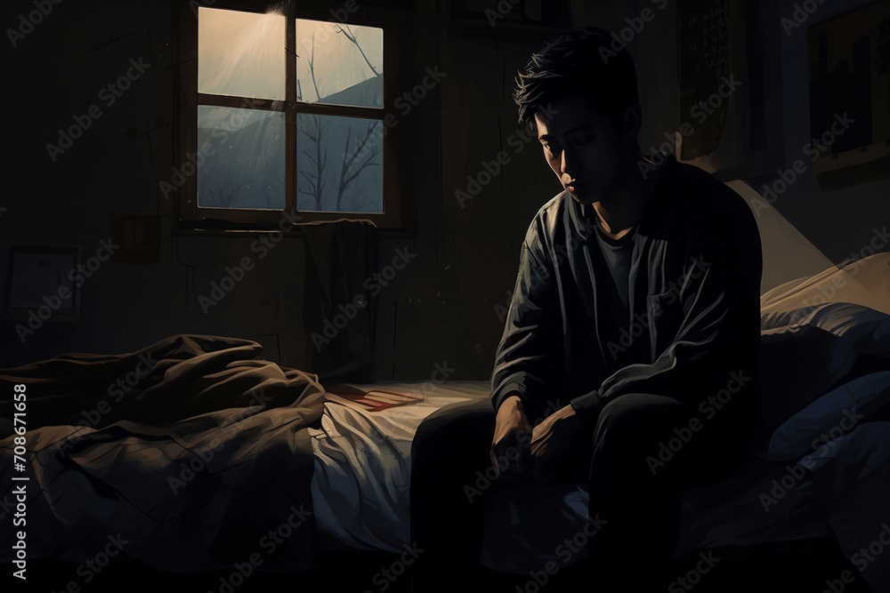 AI-crafted image shows a shadowed man on a bedroom bed, conveying the heaviness of depression and insomnia. Isolated, it depicts poignant mental health challenges.
