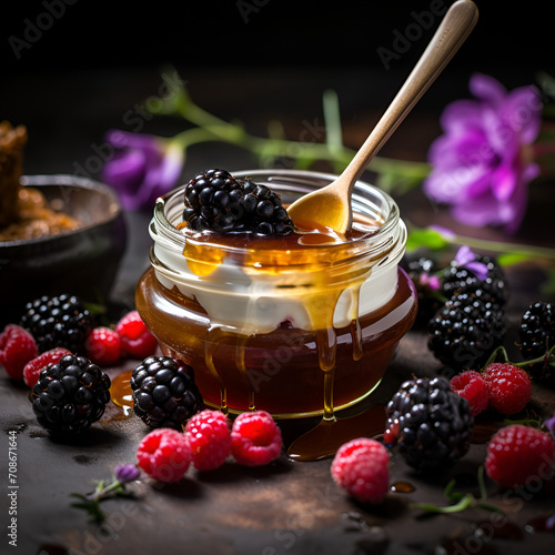 Honey, yogurt and blackberry in a glass jar