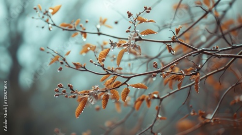 A close up view of a tree branch covered in water droplets. This image can be used to depict the beauty of nature and the tranquility of a rainy day