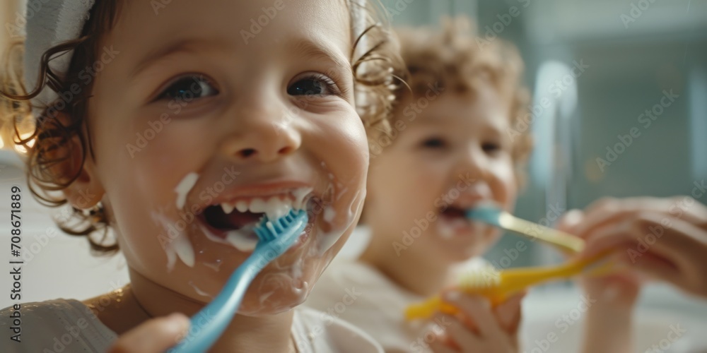 Two children are seen brushing their teeth in the bathroom. This image can be used to promote good oral hygiene habits for kids Two children are seen brushing their teeth in the bathroom. This image can be used to promote good oral hygiene habits for kids