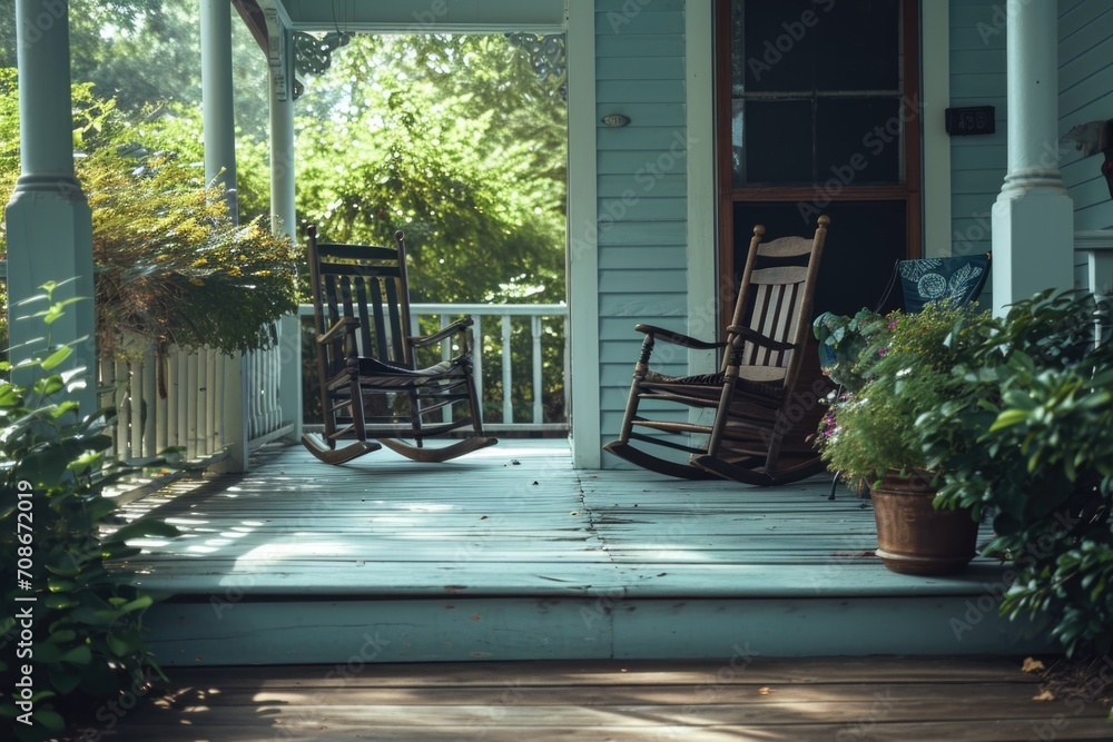 Two rocking chairs on a porch. Suitable for home decor or real estate promotions
