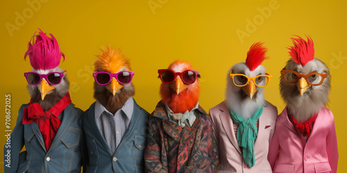 Punk Rock Colorful Birds Roosters Chickens Animal Vibrant Bright and Fashionable Cool Group Outfit and Background Sunglasses Banner Advertisement Fun Creative Birthday Invitation generative ai