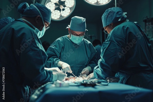 Surgeons performing a surgical procedure in a sterile operating room. Ideal for medical and healthcare-related designs
