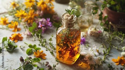 Essential oil in glass bottle with wildflowers on light background