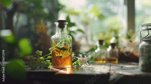 Herbal tea with mint in a glass bottle on a wooden table