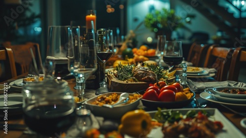 A table is set with a variety of food and wine glasses. This image can be used to depict a festive meal or a celebration