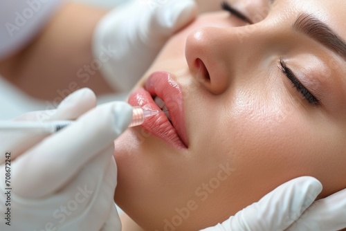 A close-up image capturing the process of a lip injection. This image can be used to showcase cosmetic procedures and beauty enhancements photo