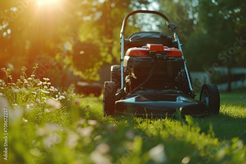 A lawn mower is parked in the grass. Suitable for landscaping and gardening themes photo
