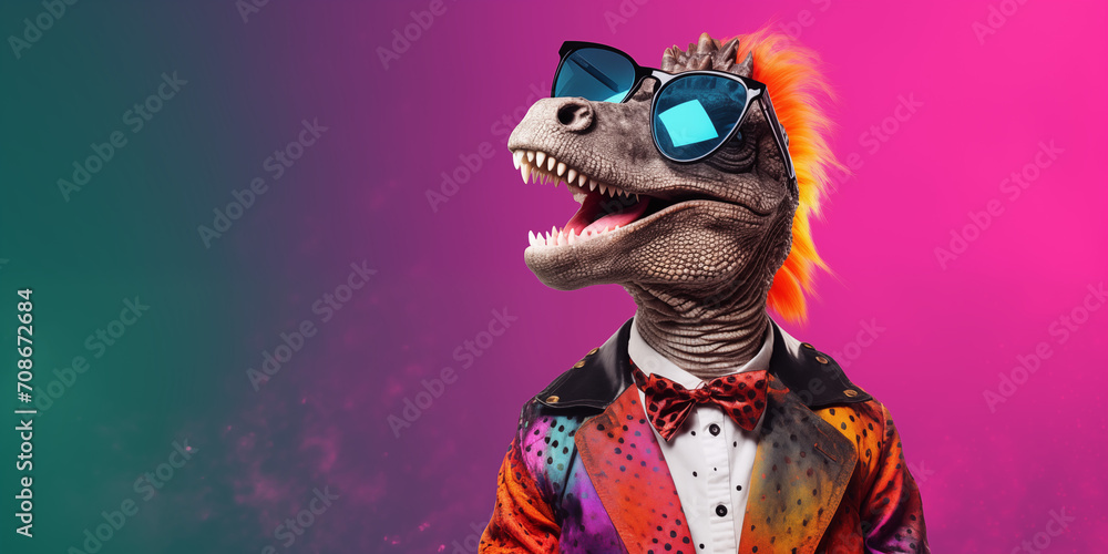 Punk Rock Colorful Dinosaur T-rex tyrannosaurus  Animal Vibrant Bright and Fashionable Cool Group Outfit and Background Sunglasses Banner Advertisement Fun Creative Birthday Invitation generative ai