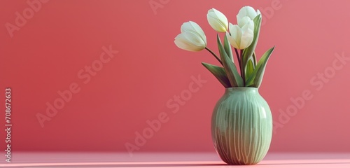 tulip flowers in a green vase on a pink background