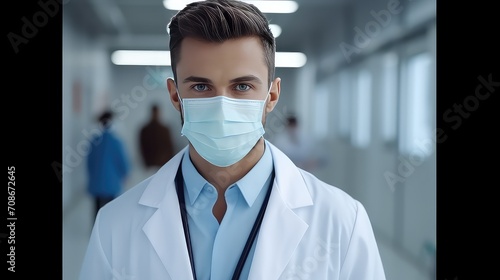 Portrait of young male doctor in mask looking at camera in hospital