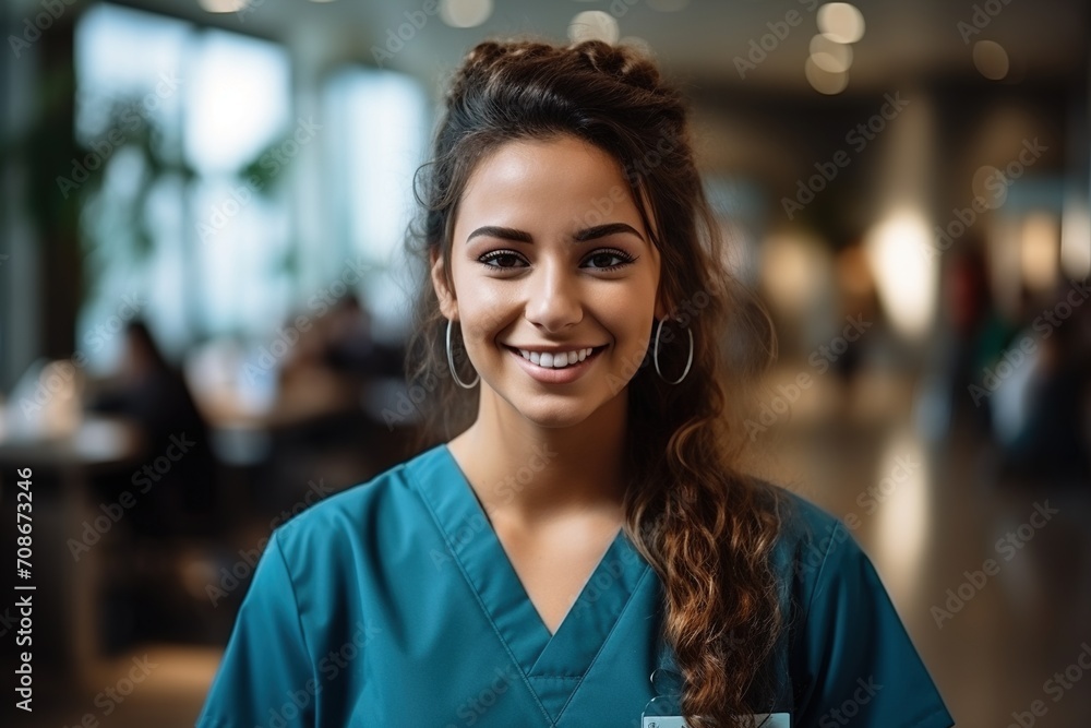 Portrait of a smiling female nurse in a blue uniform Portrait of a smiling female nurse in a blue uniform