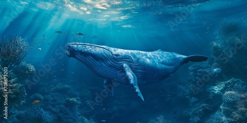 blue whale swims underwater in the ocean Generative AI © València