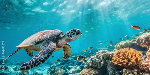 a large turtle swims underwater in the ocean Generative AI photo
