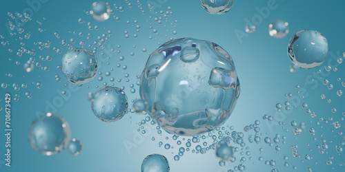 Cosmetic Essence, Liquid bubble, Molecule inside Liquid Bubble on water background, 3d render photo