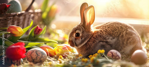 Easter Bunny with Colorful Eggs and Tulips in Sunrise © spyrakot