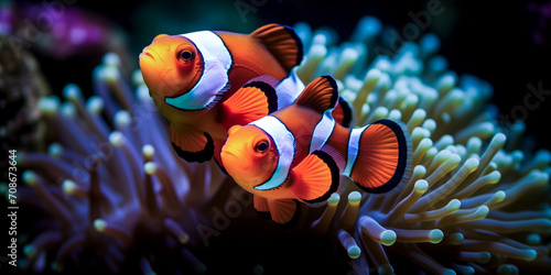 Symbiosis of a couple of ocellaris clownfishes (Amphiprion ocellaris) and an anemone photo