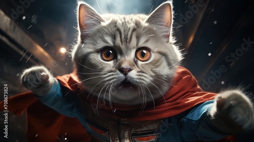 A cute cat wearing a superhero costume is flying through the air photo