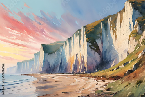 Watercolor painting of the chalk cliffs of south England at dawn photo