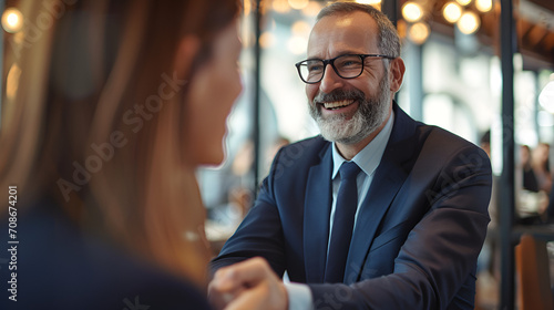 Smiling middle aged business man handshaking partner making partnership collaboration agreement at office meeting, hr manager and new worker shake hands recruiting at job interview. Welcome onboarding