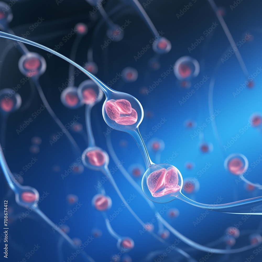 Digital illustration of sperm and egg cell in colour background. 3D rendering. AI. Digital illustration of sperm and egg cell in colour background. 3D rendering. AI.