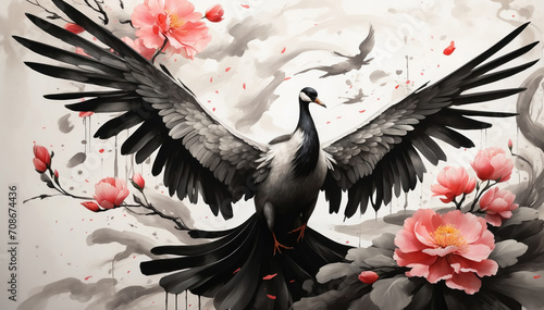 Watercolor stork illustration in Chinese traditional style in black and red colors. AI generated