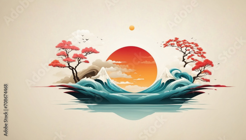 Traditional Chinese painting. landscape with hills, sakura trees and red sun. AI generated photo