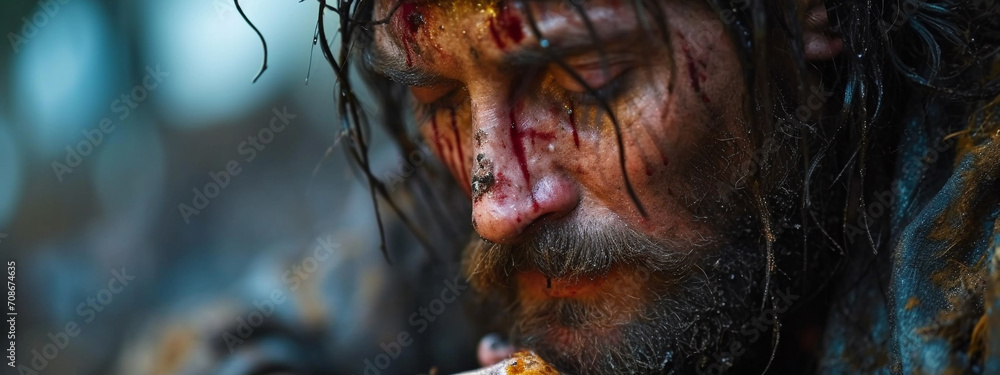 The suffering of Jesus Christ. Christian religious photo of Good Friday - obrazy, fototapety, plakaty 
