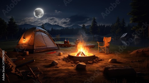 Adventure in a tent: a campfire burns at night, a full moon in the sky, amidst a serene natural landscape.