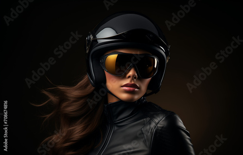 A woman in black with a motorcycle helmet and sunglasses. © Positive Click