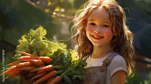 Young gardener in sunlight, beaming with a fresh harvest of carrots. Healthful living and growth.