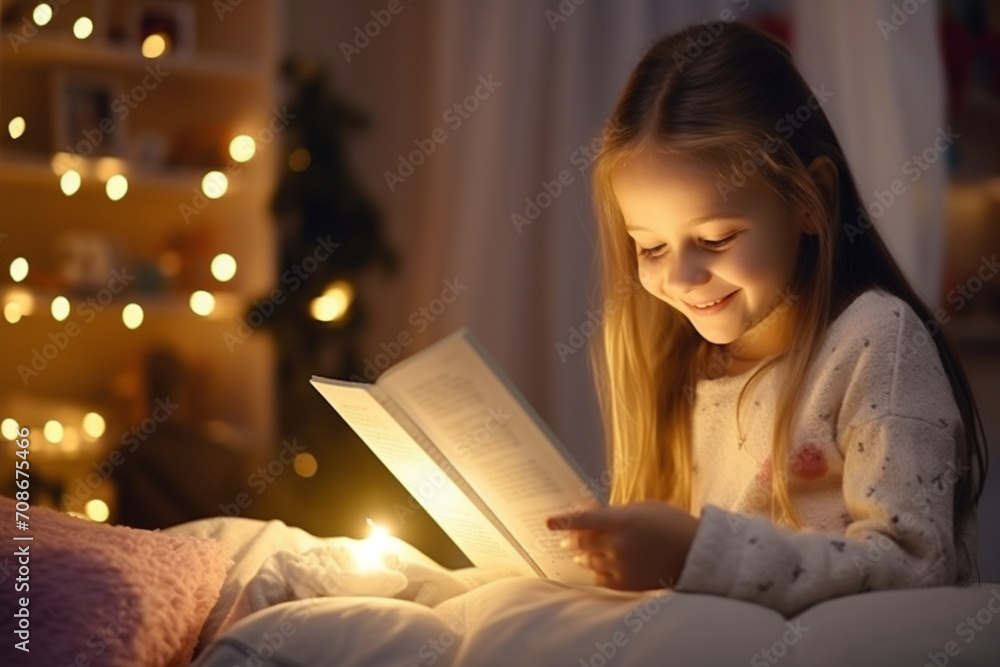 Adorable girl reads in cozy living room at night, depicting home education. AI-generated scene showcases a baby's joy, smiling with a book, illuminating the concept of learning at home. Adorable girl reads in cozy living room at night, depicting home education. AI-generated scene showcases a baby's joy, smiling with a book, illuminating the concept of learning at home.