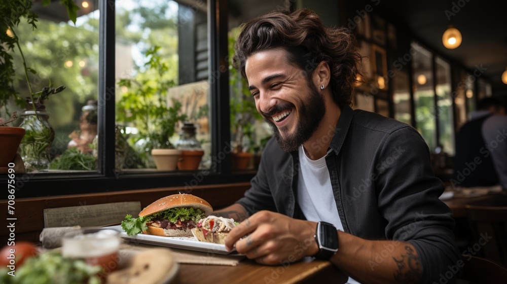 Happy man eating a delicious vegan burger in a restaurant - obrazy, fototapety, plakaty 