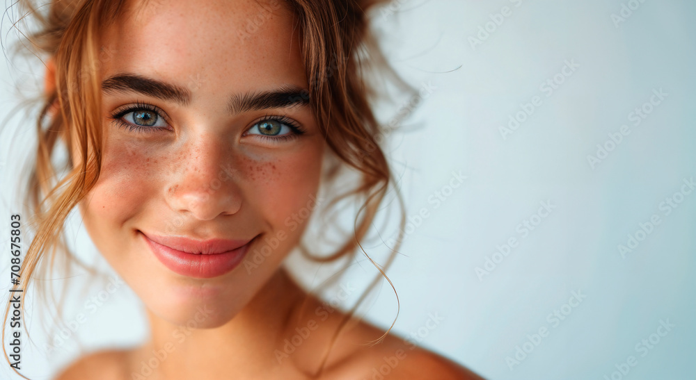 Close-up of a young woman with freckles and a soft smile. Close-up of a young woman with freckles and a soft smile.