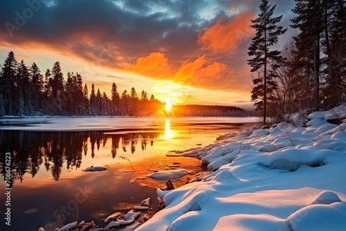 sunset over the river at winter