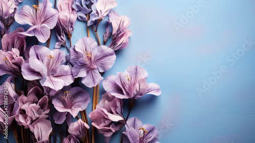 iris purple Floral background delicate composition for greeting cards, isolated flowers. Copy space blue background