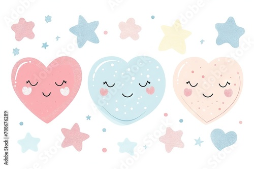 Minimalism and abstract cartoon pattern, vector very cute kawaii and charming valentine clipart, organic forms, desaturated light and airy pastel color palette, nursery art, white background.