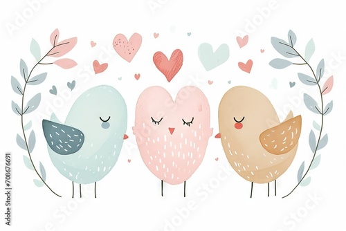 Minimalism and abstract cartoon pattern  vector very cute kawaii and charming valentine clipart  organic forms  desaturated light and airy pastel color palette  nursery art  white background.