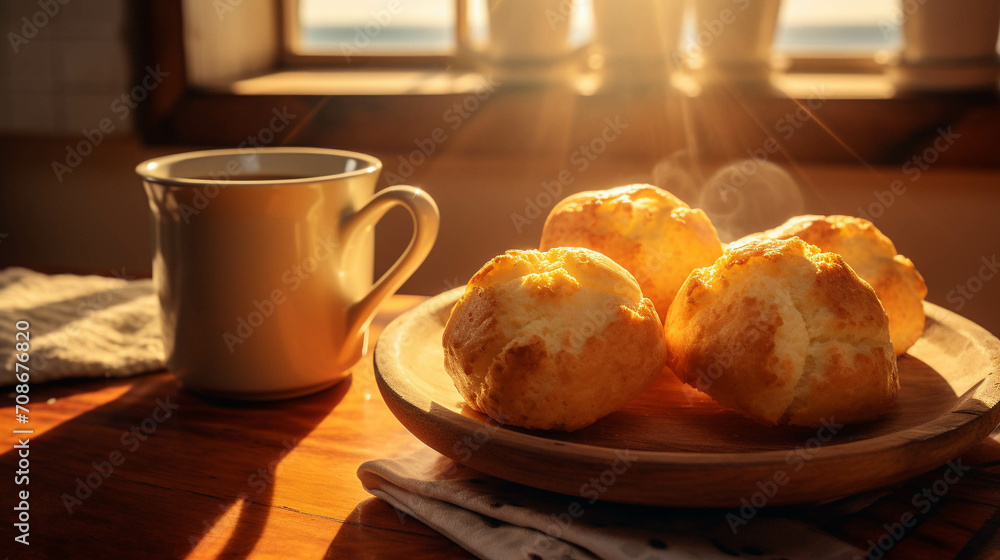 Brazilian cheese bread and a cup of coffee on the table and the sun light coming in. 